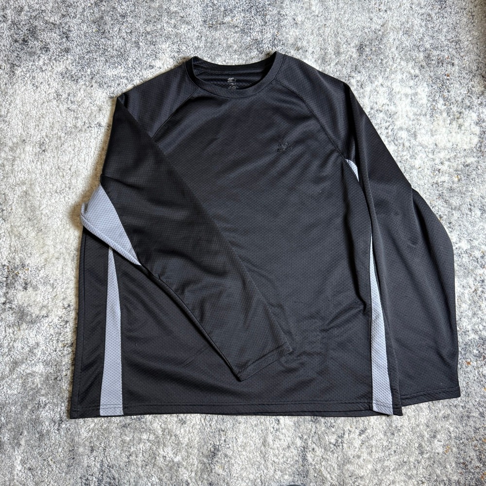 Starter Mens Long Sleeve Athletic Shirt Black Gray Mesh Performance Top Size XL